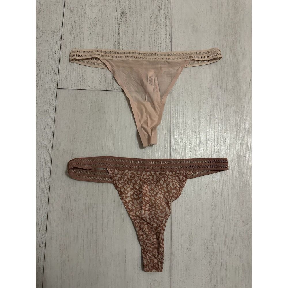 Lot of 2 NWT Victoria's Secret Seamless Thong Sz S Nude / Brown - Mesh Band